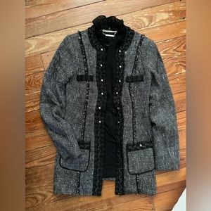 White House Black Market Long Line Tweed Fringe Jacket Sz 4